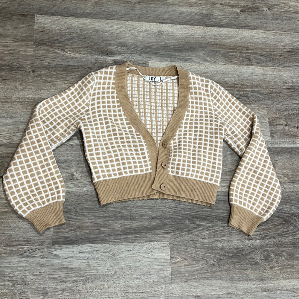 ASOS JBY Cropped Cardigan in Beige Grid Check Women’s Size Small